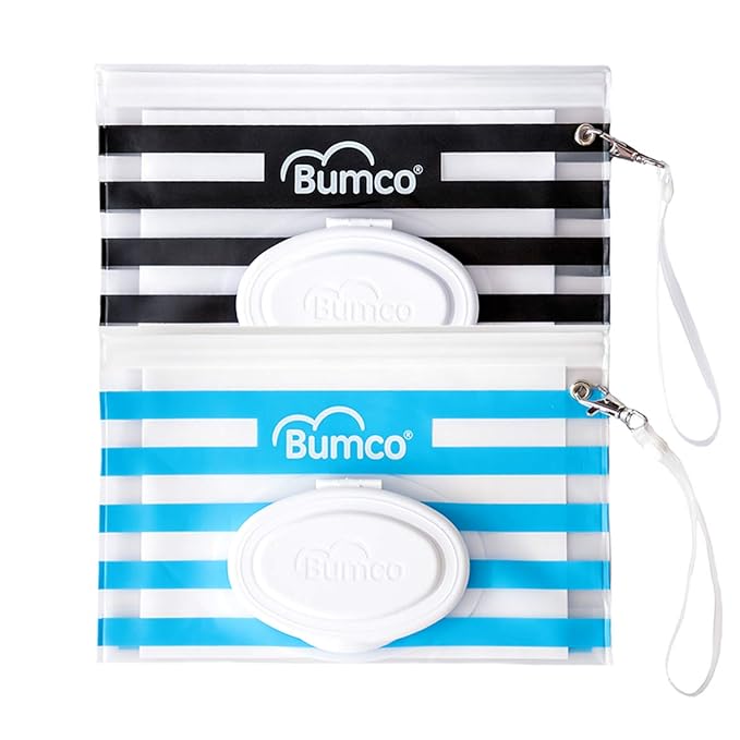 BUMCO Airtight Wipes Dispenser, Keeps Wet, Reusable Refillable Pouch, Diaper Bag Organizer for Travel, Carrying Clutch, Unique Baby Gift for Girl Boy [Black & Blue]