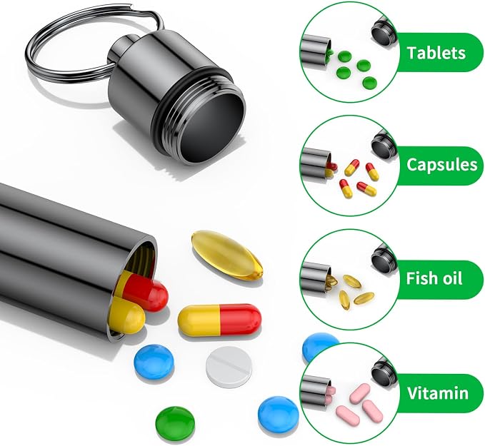 Small Pill Box,(2 Pack) Keychain Pill Holder Portable Mini Travel Pill Container Metal Case Bottle with Keyring