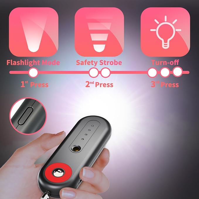 Rechargeable Personal Safety Alarm for Women - 130dB Self Defense Keychain Siren Whistle with SOS Strobe Light, Low Battery Notice - Emergency Security Safe Protection Devices, College Essentials