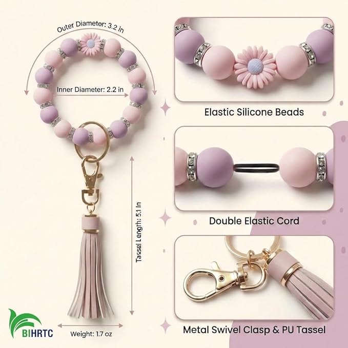 BIHRTC Key Ring Bracelet Car Keychain Holder Wristlet Silicone Women Beaded Bangle Chains