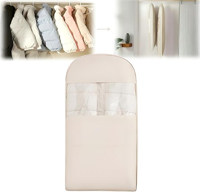 Space Saving Hanging Garment Bag with Self Compression Zipper, New Update Space Saver Clothes Storage Organizer, Dust Cover Clothes Bags for Down Coat Suit Dress or Jacket (Beige, L)