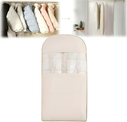Space Saving Hanging Garment Bag with Self Compression Zipper, New Update Space Saver Clothes Storage Organizer, Dust Cover Clothes Bags for Down Coat Suit Dress or Jacket (Beige, L)
