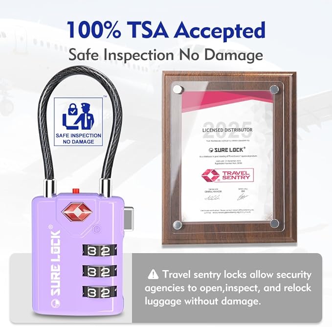 SURE LOCK TSA Approved Luggage Locks with Open Alert Indicator, 3 Digit Combination Cable Travel Lock for Suitcase, Backpack, Gym Locker, Toolbox & Travel Bag(2, Purple 2 Pack)