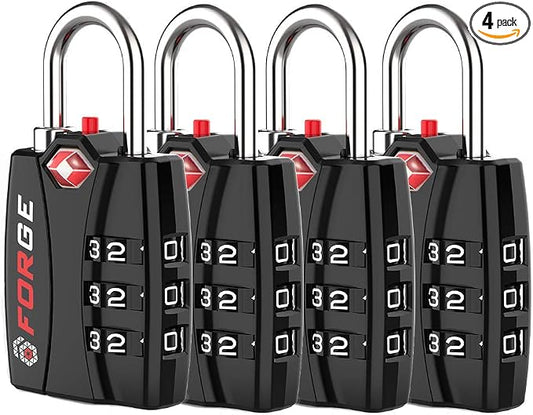 Forge Open Alert TSA Approved Luggage Locks - 3 Digit Combination, Easy Read Dials, Zinc Alloy Body - Ideal Travel Lock for Luggage, Suitcases, Bags & Toolboxes (Black 4 Locks)