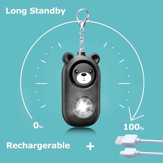 Personal Safety Alarm Keychain with LED Light, 130dB Emergency Alert, Rechargeable Bear Design for Women, Children,Girls