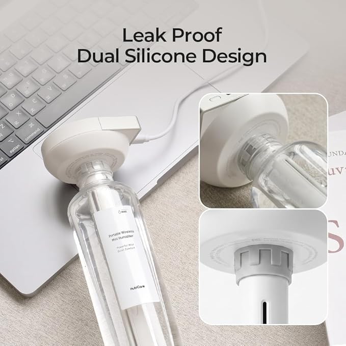 HubiCare Mini Humidifier, Portable Wireless Humidifier for Travel, USB-C Rechargeable Personal Mist Maker with Adjustable Length, Quiet 28dB, Leak-Resistant Design for Car, Bedroom, Office