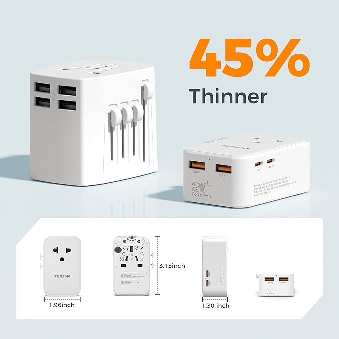 TESSAN Universal Travel Adapter PD 25W, International Power Adapter, Ultral Thin Universal Adapter with 2 USB A 2 USB C for US to European UK Australia Ireland(Type C G A I) White