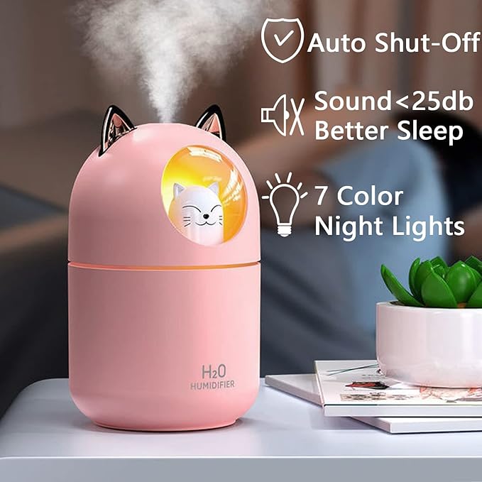 Small Humidifier Cute Portable Cool Mist with 12 Pcs Humidifier Sticks 7 Color Night Light USB Air for Bedroom Office Desk Car Travel (Pink+12 Filter Cotton Sticks)