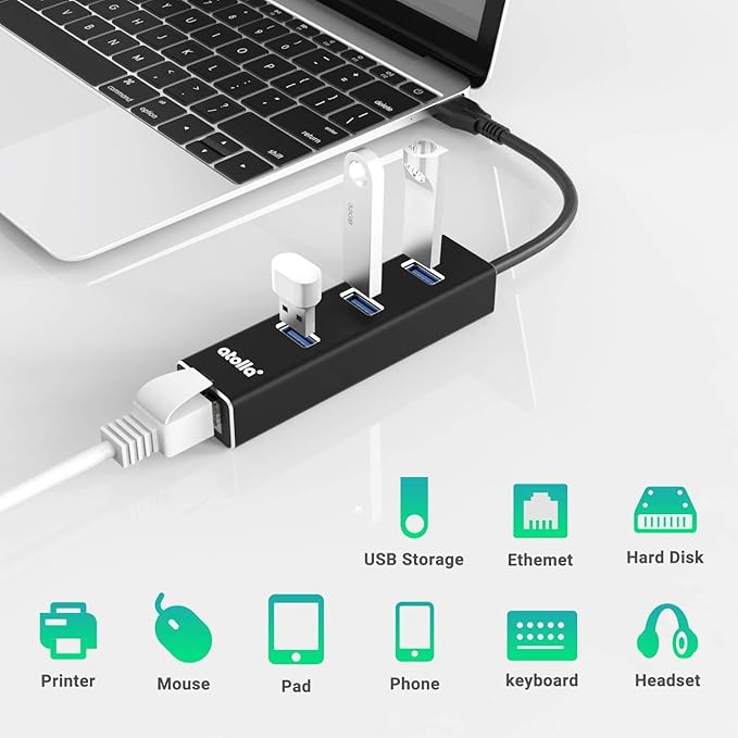 USB 3.0 Hub with Gigabit Ethernet — 3-Port SuperSpeed USB-A Hub + USB-C Adapter, 5Gbps Data Transfer, Plug-&-Play, Aluminum Design — Compatible with MacBook Pro/Air, Dell XPS, Surface, Chromebook