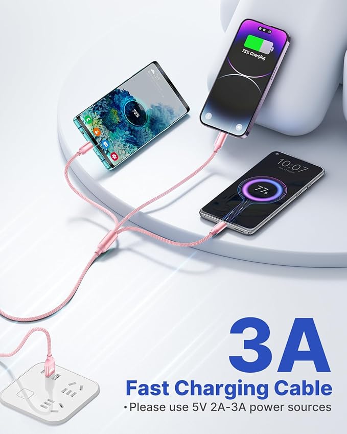 Aioneus Multi Charging Cable, 2Pack 4FT Multi Charger Cable Universal 3 in 1 Charging Cord Nylon Braided Multiple USB Adapter with Type-C, Micro USB Port Connectors for Cell Phones and More (Pink)
