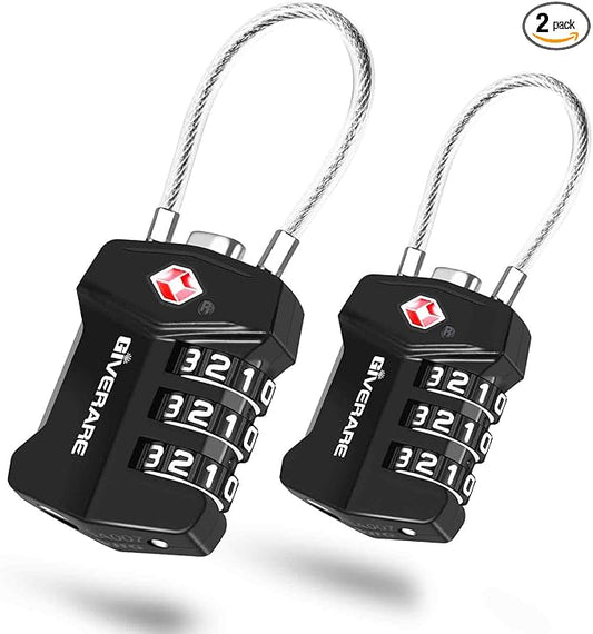 2 Pack TSA Approved Travel Luggage Locks, Cable Combination Lock Alloy, Metal Keyless 3-Digit Padlocks, Weatherproof TSA Accepted Padlock for Gym Locker, Golf Bag Case, Backpack, Black-by GIVERARE