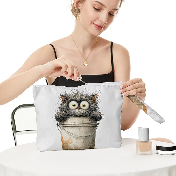 Fokongna Cute Print Wet Bag, Small Portable Waterproof Multi-Functional Organizer for Women, Beige Bucket Grey Cat, Ideal for Daily, Beach & Travel