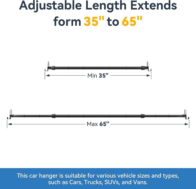 Adjustable Car Clothes Hanger Bar 35-60 Inches – Heavy Duty Travel Garment Organizer, Anti-Wrinkle, Non-Slip Rubber Bands, Fits Cars, SUVs, Vans and Trucks