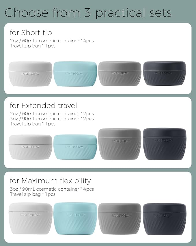 TakeToday Travel Containers for Toiletries, Leak-Proof, TSA Approved, Refillable Silicone Cylindrical Cream Jars with Lid for Cosmetic Toiletry, 3oz, 4 Pack, Grey