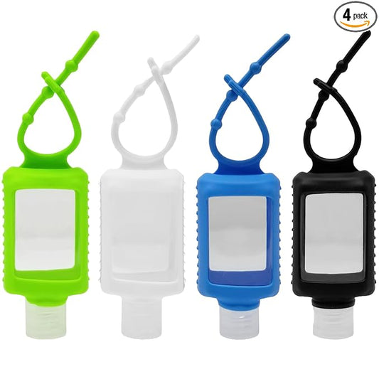 2oz Hand Sanitizer Holder with Clear Bottle, Silicone Sleeve and Keychain for Backpack Travel, Pack of 4