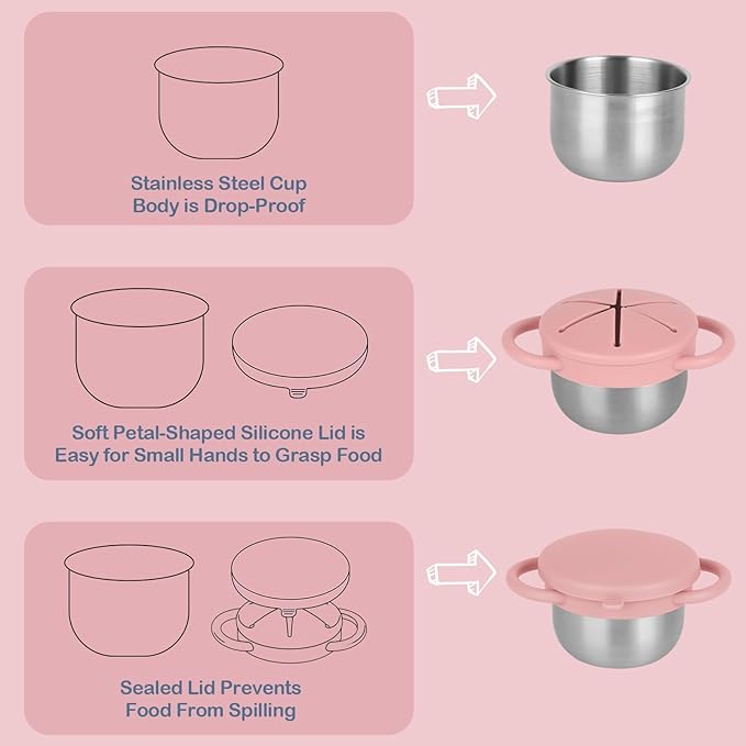 Daximo 2 Pack Snack Cups for Toddlers Spill Proof - Detachable Stainless Steel Toddler Snack Cups with Silicone Lids & Handles - Dishwasher Safe Snack Container(Green and Pink)