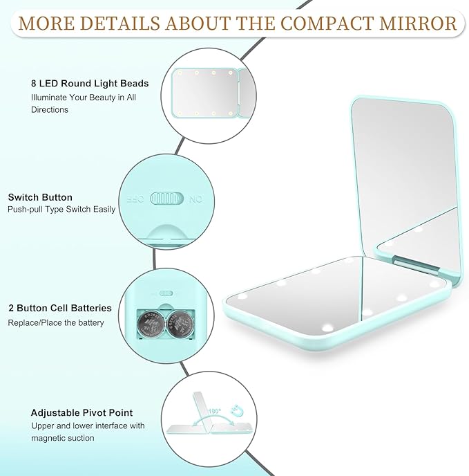 Kakuje Compact Mirror, 1X/3X Magnification LED Pocket Mirror with Nternal BIattery, Mini Mirror for Purse, Pocket,Travel and Present (Mint Green)