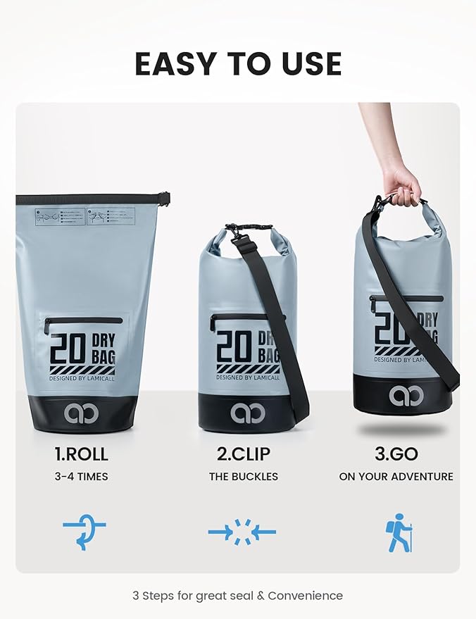 Lamicall Waterproof Dry Bag with Phone Pouch, Floating Roll Top Backpack, 20L, Grey