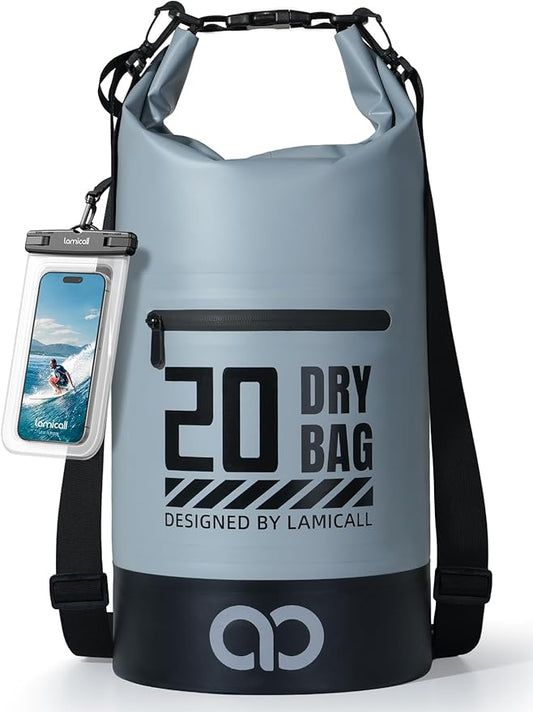 Lamicall Waterproof Dry Bag with Phone Pouch, Floating Roll Top Backpack, 20L, Grey