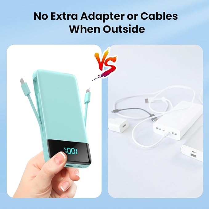 Portable Charger for iPhone with Built-in Cables and Wall Plug,Upgraded 13800mAh Fast Charging USB C Power Bank,4 Outputs Slim Travel Essentials Battery Pack for iPhone 17/16/14,Galaxy,Android-Green