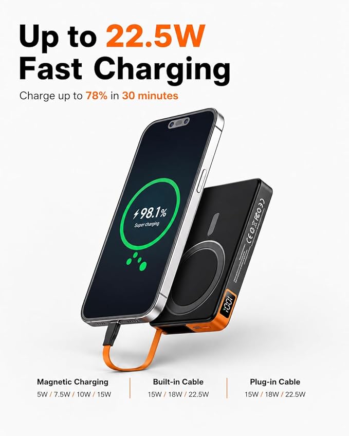 for Magsafe Power Bank Fast Charging, USB C Magnetic Portable Charger Built in Cable, 10000mAh Wireless Battery Pack for iPhone17/16/15/14/13/12 Series, Travel & Daily Use Essentials Powerbank