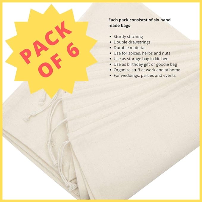 DR 100% Cotton Muslin Drawstring Bags (12x16 Inch - 6-Pack) Large Beige Fabric Cotton Shoe Bag and Storage Pouches for Shoes Storage Pantry Gifts Laundry Travel