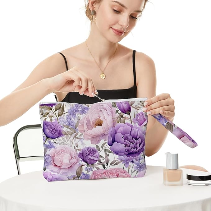 Fokongna Floral Print Wet Bag, Small Portable Waterproof Multi-Functional Organizer for Women, Ideal for Daily, Beach & Travel, Lilac & Pink Orchid Elegance