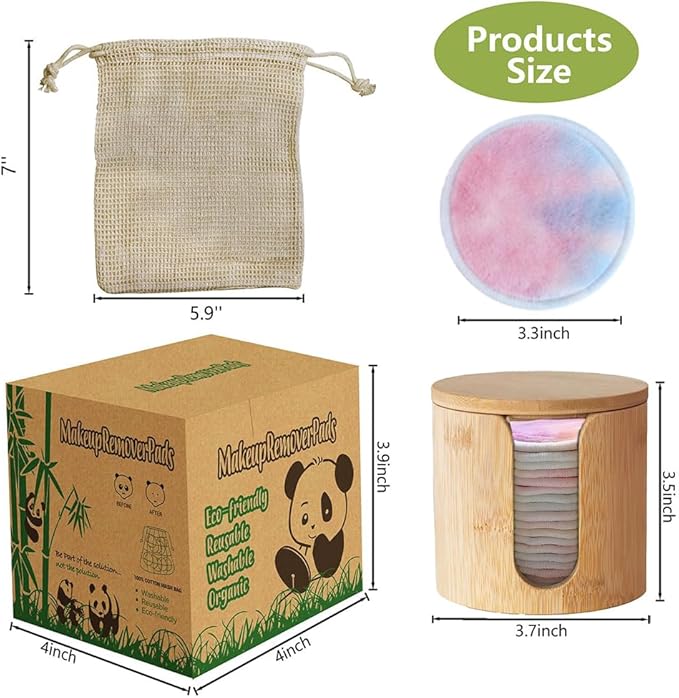 Reusable Cotton Rounds, 100% Natural Bamboo Cotton Pads for Face|Reusable Makeup Remover Pads with Laundry Bag,Headband and Cotton Round Holder (Colorful)