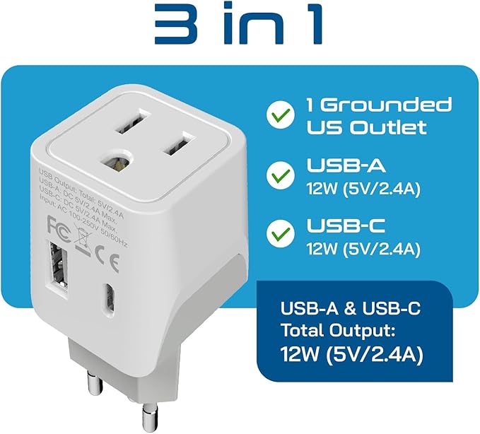 Ceptics Switzerland Travel Plug Set - with 2 USB + USA Socket Input - Type J and Type C- Ultra Compact - Safe Grounded Perfect for Cell Phones, Laptops, Camera Chargers