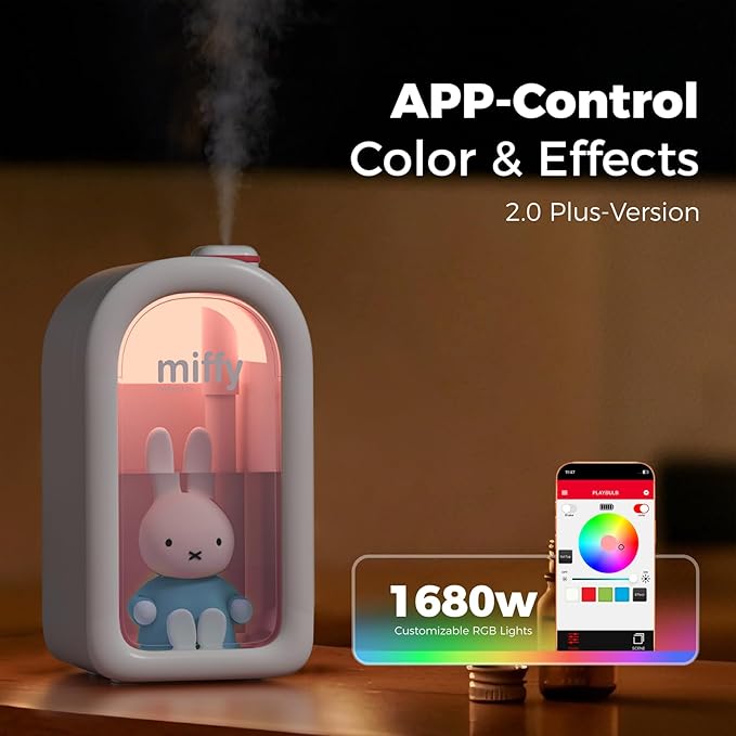Mipow X Miffy Cool Mist Humidifier - Ultrasonic Quiet Humidifier, Mini Cute Humidifier with Night Light, 380ml for Bedroom, App-Controlled RGB Light (2.0 Plus-Version) - Blue
