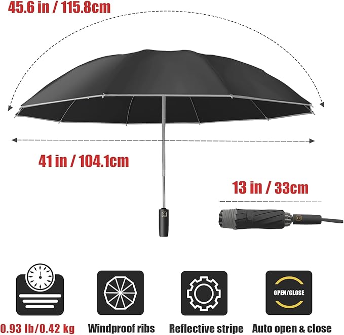 Fogkey Large Windproof Travel Umbrella - Reverse Auto Folding Car Umbrella for Rain and Sun, Compact Inverted Design with Waterproof Canopy, 10 Durable Ribs, Fits Backpack, Portable for Women & Men