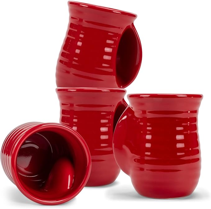 Elanze Designs Ribbed 14 ounce Ceramic Stoneware Handwarmer Mugs Set of 4, Red