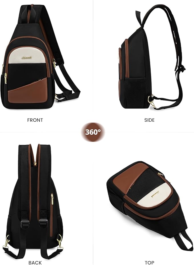 LOVEVOOK Sling Bag for Women, Sling Backpack Crossbody Bag Convertible, Small Diaper Bag Hiking Daypacks Water-resistant, Travel Shoulder Bag Chest Bag, Black Brown Beige