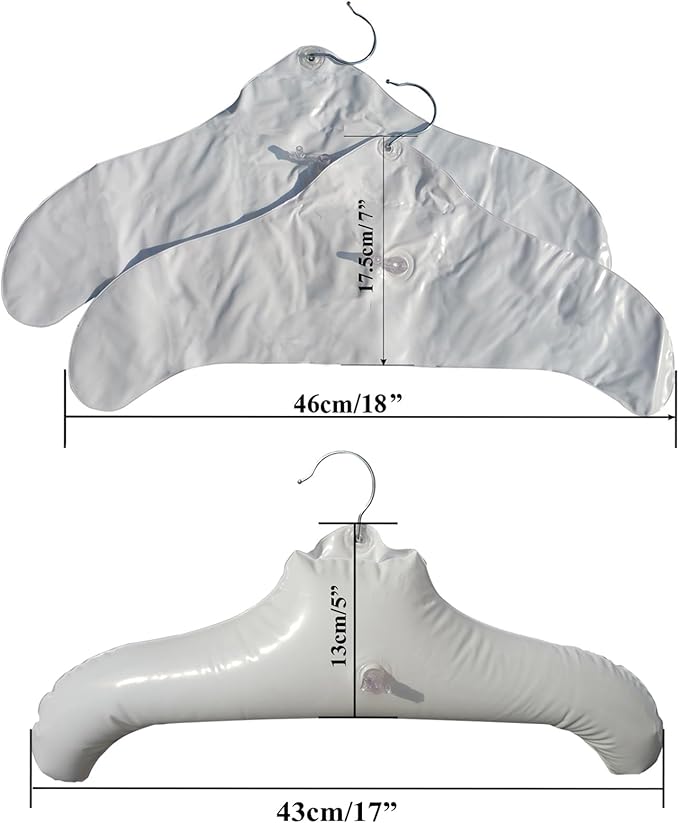 Inflatable Hangers for Travel X 2 in White Round Shoulder, Air Blow up Clothes Drying Hangars with Metal Hook, Compact, Space Saving, Foldable, Portable, Non Slip for Hand Wash Laundry