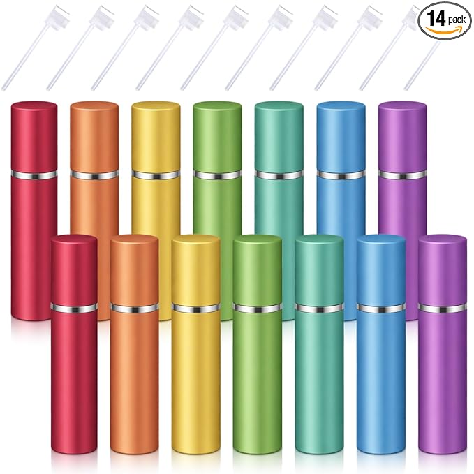 Boao 14 Pcs 5ml Travel Perfume Atomizer Rainbow Mini Refillable Spray Perfume Bottle Portable with 10 Pcs Refill Pump Dispenser Pump Transfer Tool for Women Men Outgoing Traveling