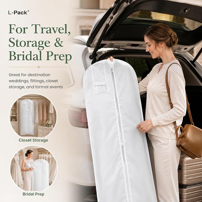 LPack Garment Bag for Long Dresses, Extra Long Breathable Garment Bag with Pockets & Gusset for Wedding Gowns, Bridal, Prom & Formal Dresses, Travel & Storage, White, 72"