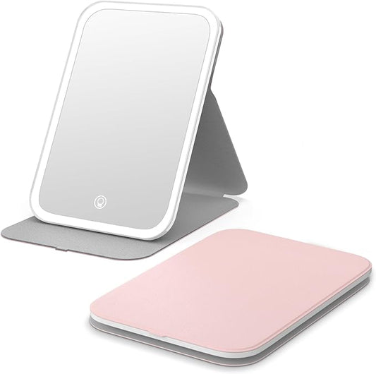 Kintion Travel Makeup Mirror, Portable LED Lighted Makeup Mirror, 360° Rotation Touch Screen Vanity Mirror, 60 LEDs, 3-Color Dimmable Lighting, Rechargeable Tabletop Folding Cosmetic Mirror, Pink