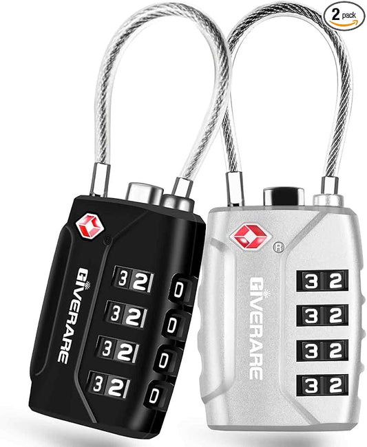 2 Pack TSA Approved Travel Luggage Locks, 4-Digit Metal Cable Combination Suitcase Lock, Alloy Padlocks, Weatherproof Padlock for Locker, Golf Bag, Gun Case, Backpack, Anti Theft-Black&Silver