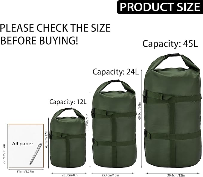 Compression Stuff Sack, 12L/24L/45L Sleeping Bag Cover Sack Sleeping Bags Storage Stuff Sack Organizer - Great Sleeping Bags Clothes Camping Hiking Backpacking