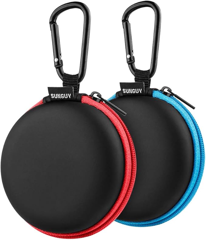SUNGUY [2-Pack Earbuds Case, Small Round Pocket Earbud Travel Carrying Case Pouch with Carabiners for Earbuds, Headsets, in-Ear Headphones, Hearing Aids, USB Cable and More (Red + Blue)