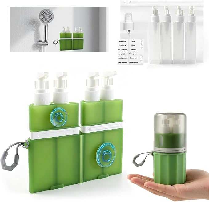4 in 1 Travel Dispenser，Unbreakable Silicone Travel Dispenser Bottle, Vacuum Suction Wall Mounted Refillable Containers,Leakproof Toiletry Containers for Shampoo, Lotion, Baby Care-Green.
