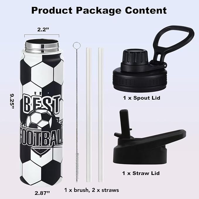 Soccer Water Bottle, 24 oz Insulated Stainless Steel Sports Bottle with Straw, Soccer Stuff Gifts for Boys