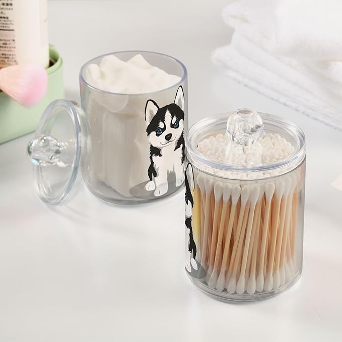 2 Pack Qtip Dispenser Apothecary Jars Dog Bathroom Organizer, Siberian Husky Puppy Qtip Holder Storage Canister Plastic Acrylic Jar for Cotton Ball/Swab/Rounds