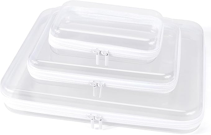 YOPCDJ Clear Hard Shell Zipper Case, Clear Zipper Pouches Waterproof Makeup Organizer & Travel Toiletry Storage Bag, Plastic Pouch for Office, Home, White,3 Pack XL LS