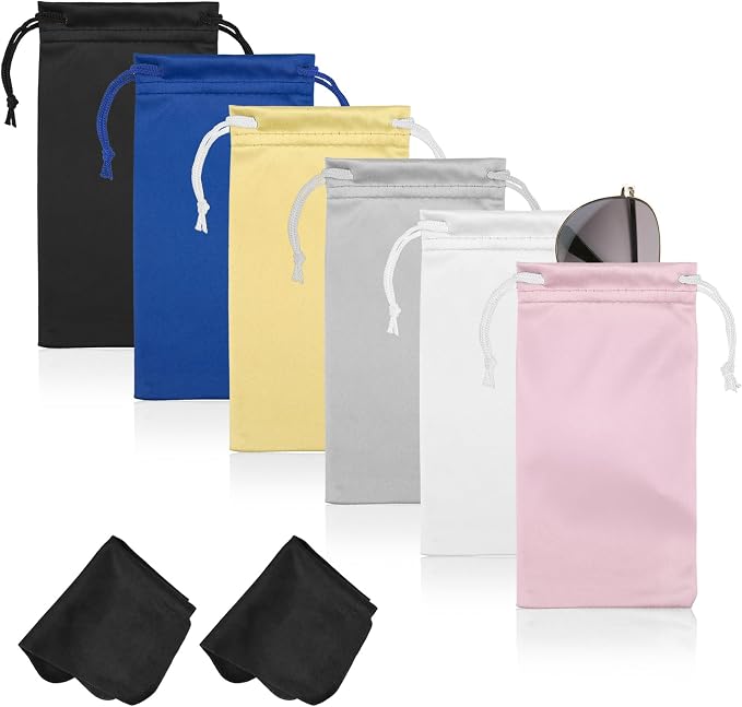 Hoiny 6 Pcs Microfiber Glasses Sunglasses Pouch with 2 Cleaning Cloths, Soft Drawstring Storage Bag for Phone, Eyeglass Case
