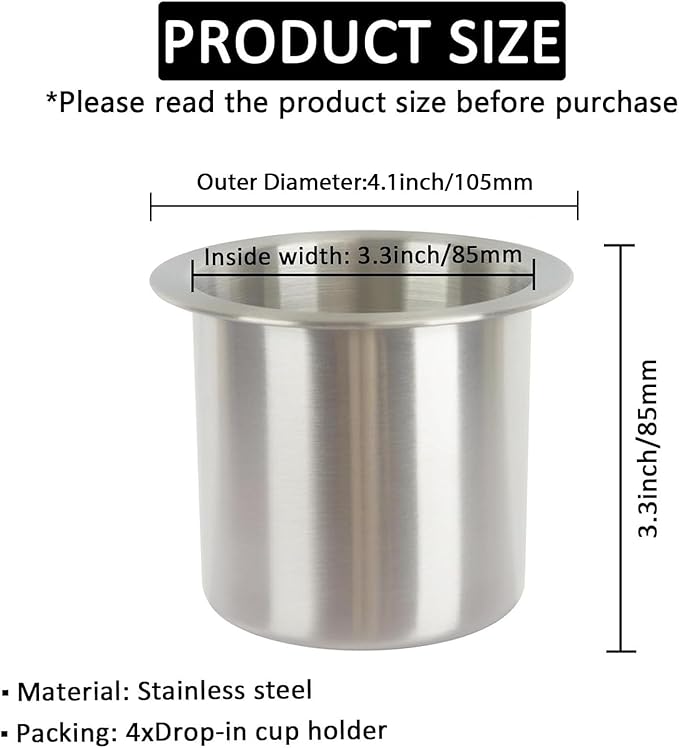 4Pcs Drop-in Cup Holder,304 Stainless Steel Automotive Cup Holders,Silver Poker Table Drink Holder Dining Table Cinema Sofa Yacht Boats Cars Touring RV Car Drop-in Drink Cup Holder
