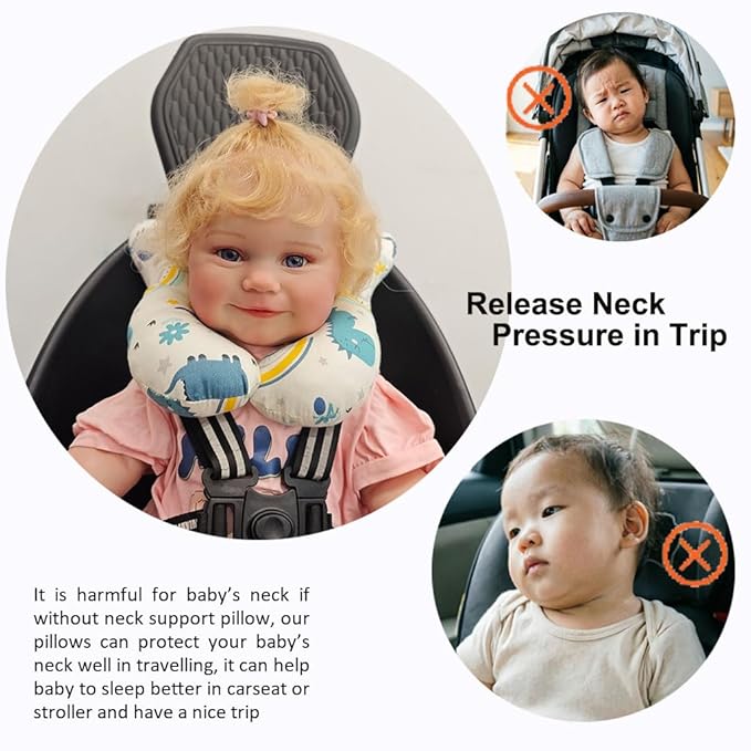 Baby Neck Pillows, Comfortable Baby Travel Head Neck Support Pillow for Car Seat Stroller Pushchair, Soft PP Cotton Travel Pillow for 0-2 Years Old Toddler Infant Newborn, Dinosaur