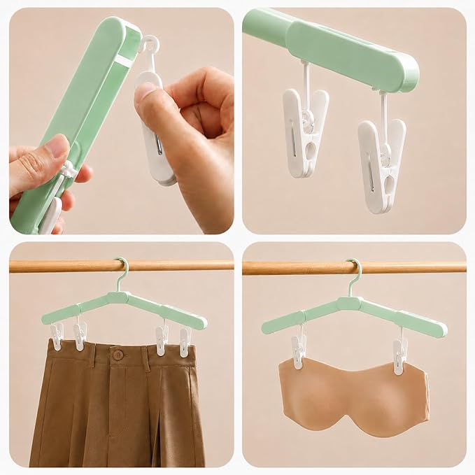 6 Pack Foldable Travel Hangers Portable Collapsible Hangers with 12 Clips for Travel, Cruise, Hotel, Camping, Dorm, Space Saving Clothes Hangers for Small Spaces, (Light Green)