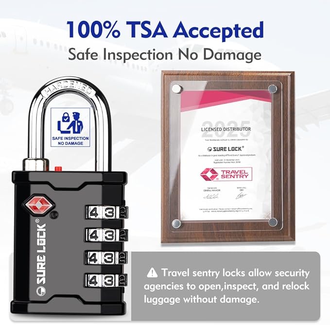 SURE LOCK TSA Accepted 4 Dig Heavy Duty Big Combination Luggage Padlock All Metal Travel Lock for Equipment Hard Case Luggage Gun Case Gym Locker Pelican Vault Lock(2, Black)