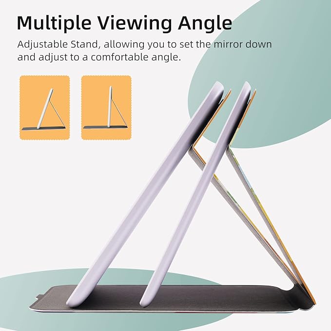 Rechargeable Travel Lighted Makeup Mirror with PU Leather Cover, Portable Travel Makeup Mirror with lights, 3 Color Lighting,Touch Sensor Dimmable, Light Up Tabletop Cosmetic Mirror Folding Flower